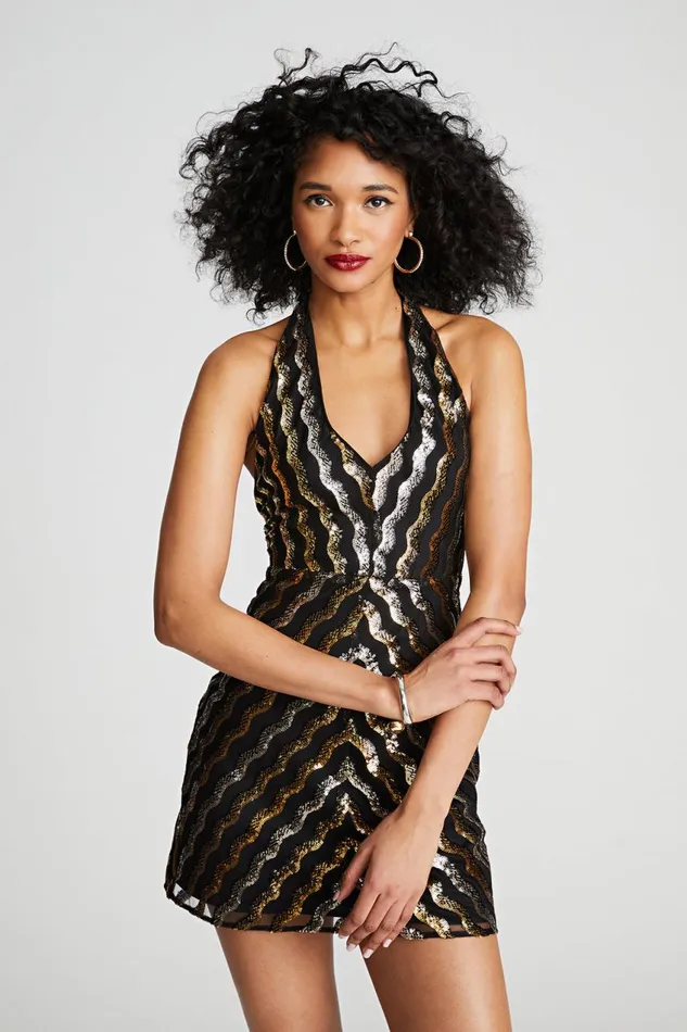 Dresses Women Halston Nidya Dress In Wavy Sequin Gold And Silver