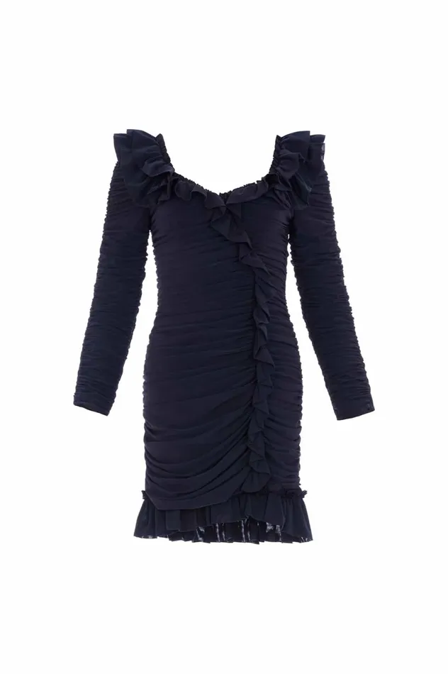 Ebony Rouched Long Sleeve Micro Mini Dress Black Women Needle and Thread Dresses