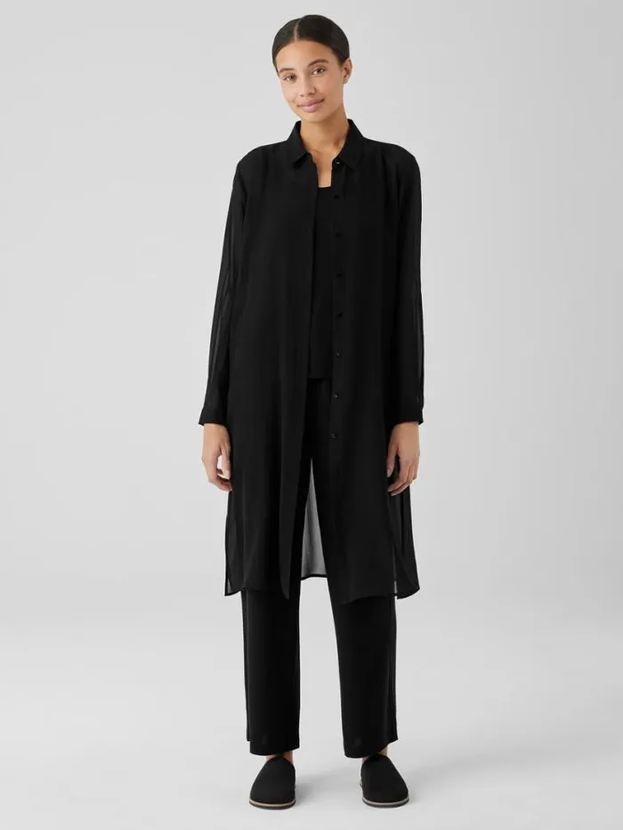 Eileen Fisher Petite Sheer Silk Georgette Classic Collar Long Shirt Black 8211 Shop