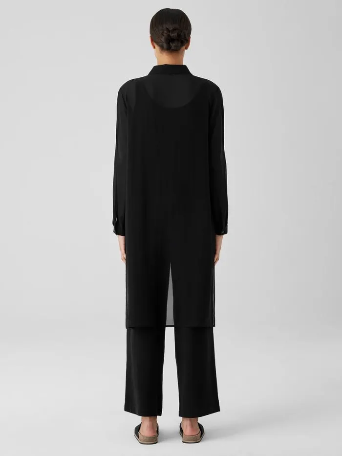 Eileen Fisher Petite Sheer Silk Georgette Classic Collar Long Shirt Black 8211 Shop
