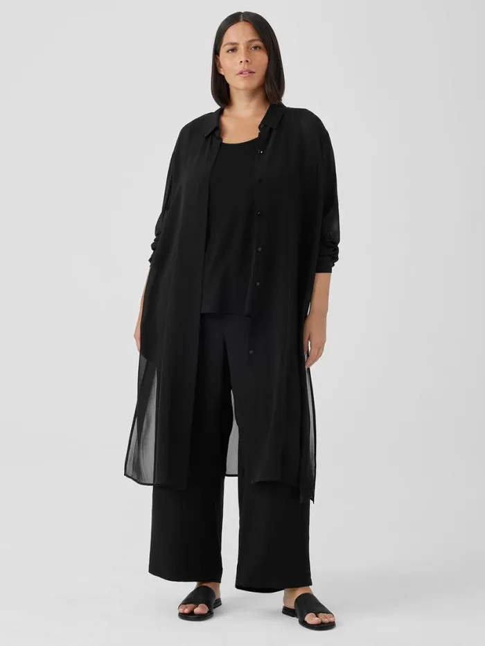 Eileen Fisher Petite Sheer Silk Georgette Classic Collar Long Shirt Black 8211 Shop