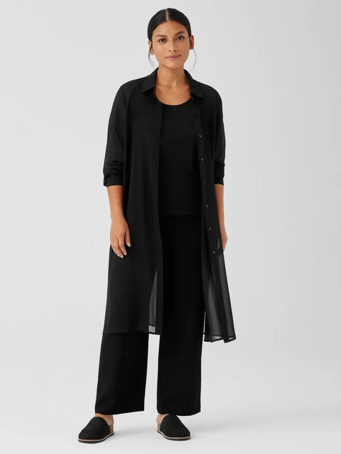 Eileen Fisher Petite Sheer Silk Georgette Classic Collar Long Shirt Black 8211 Shop