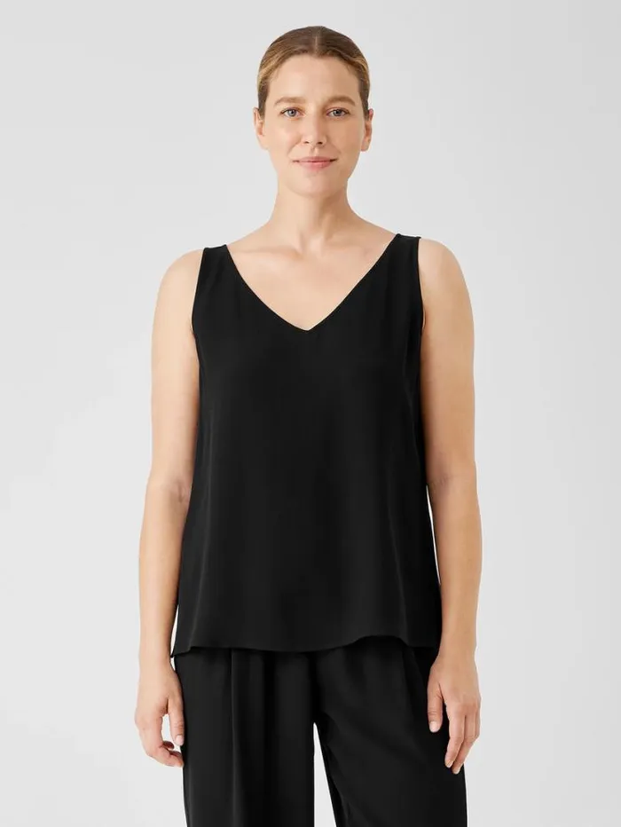 Eileen Fisher Tanks and Camis Silk Georgette Crepe VNeck Top Black 8211 Shop
