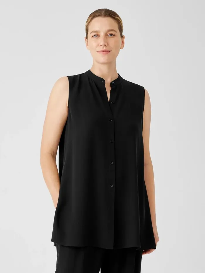Eileen Fisher Tops and Tees Silk Georgette Crepe Sleeveless Shirt Black 8211 Shop