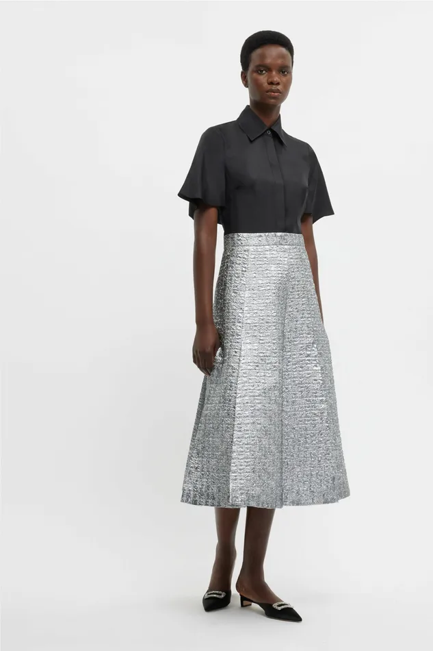 Emilia Wickstead Kensie Skirt In Silver Metallic Seersucker Women Skirts
