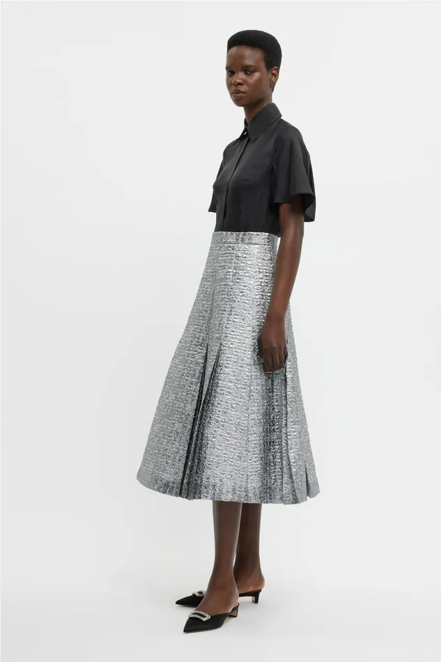 Emilia Wickstead Kensie Skirt In Silver Metallic Seersucker Women Skirts