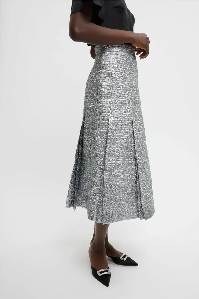 Emilia Wickstead Kensie Skirt In Silver Metallic Seersucker Women Skirts
