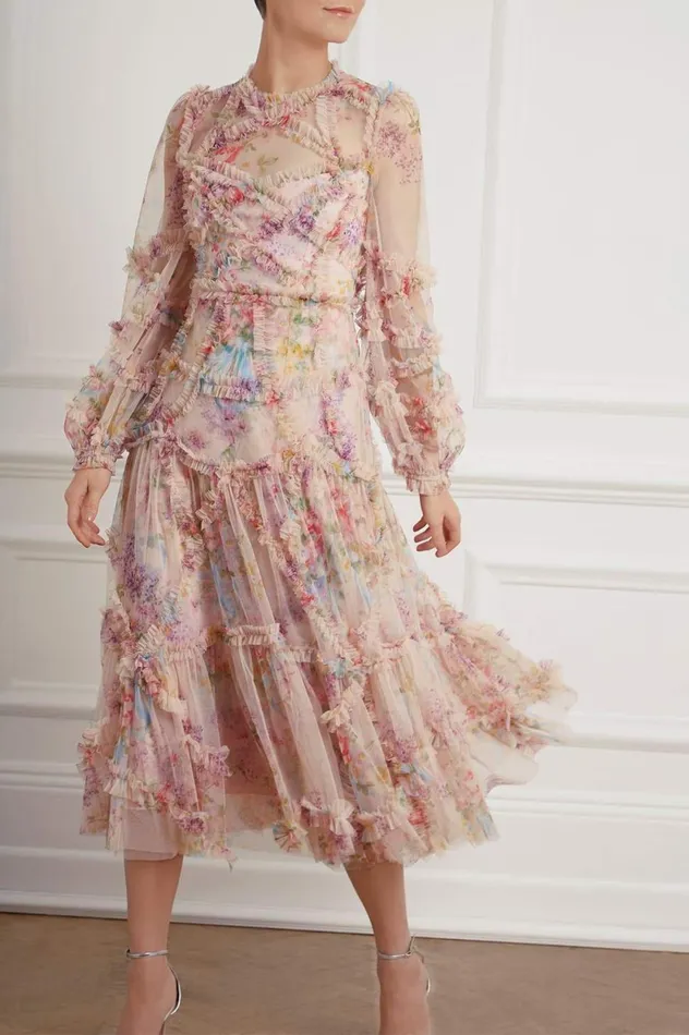 Floral Diamond Ruffle Ballerina Dress Multi Women Needle and Thread Dresses