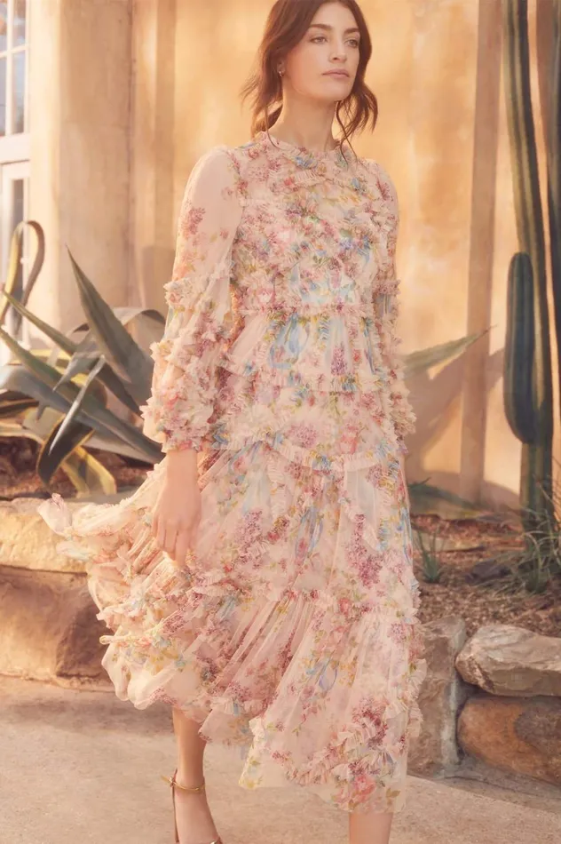 Floral Diamond Ruffle Ballerina Dress Multi Women Needle and Thread Dresses