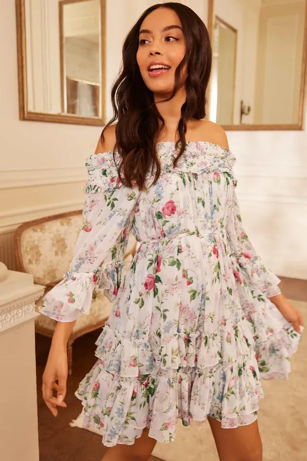 Floral Fantasy Chiffon OffShoulder Micro Mini Dress Multi Women Needle and Thread Dresses