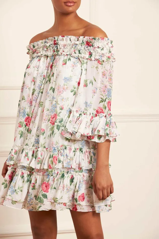 Floral Fantasy Chiffon OffShoulder Micro Mini Dress Multi Women Needle and Thread Dresses