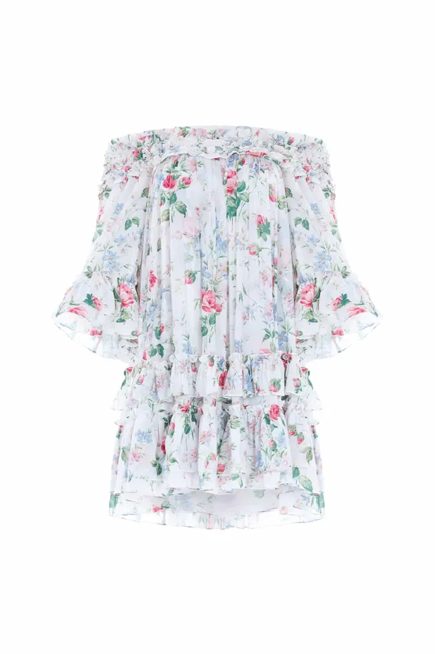 Floral Fantasy Chiffon OffShoulder Micro Mini Dress Multi Women Needle and Thread Dresses