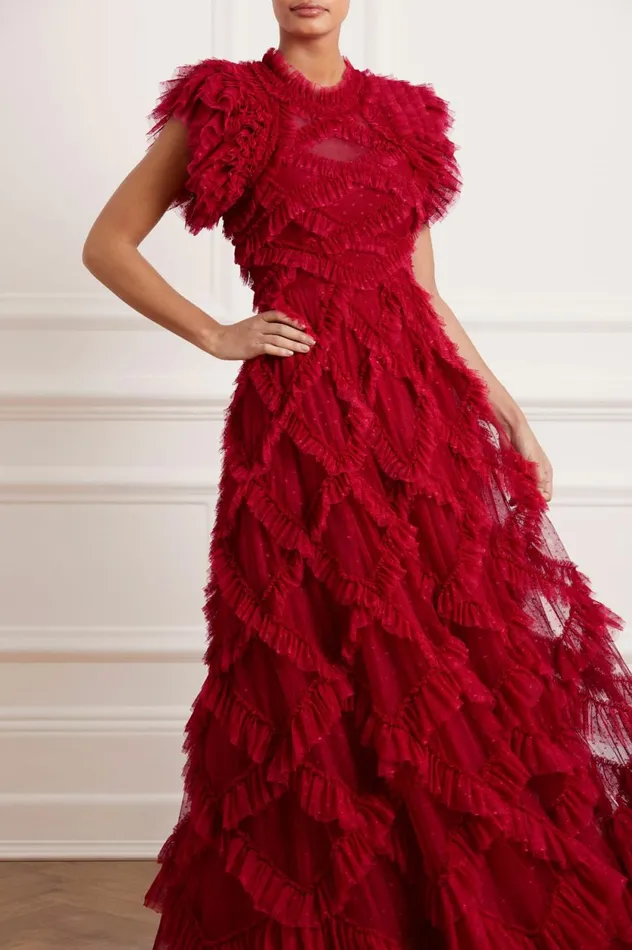 Genevieve Ruffle Gown Red Women Needle and Thread Dresses