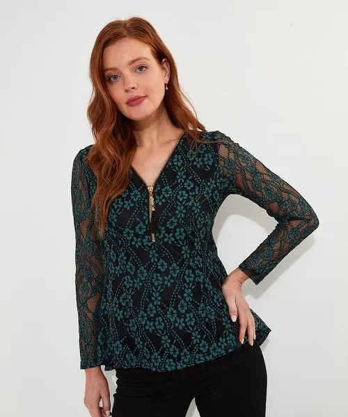 Georgie Lace Zip Top Teal Tops Tunics and Blouses Joebrowns Apparel