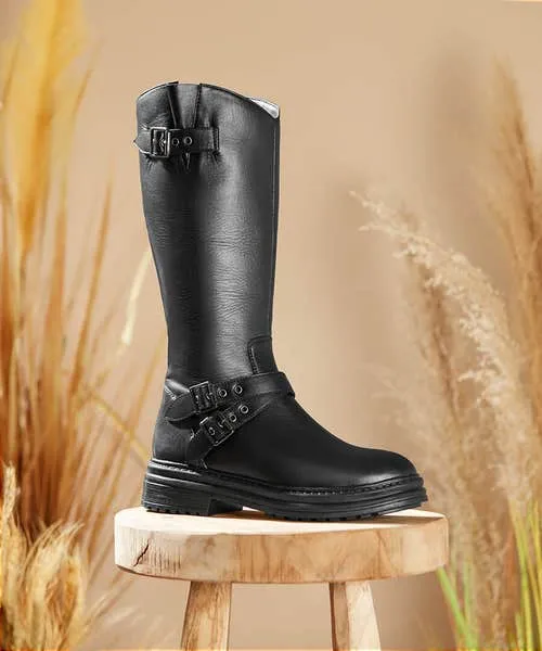 Harper Tall Black Leather Biker Boots Black Shoes Sandals and Boots Joebrowns Apparel