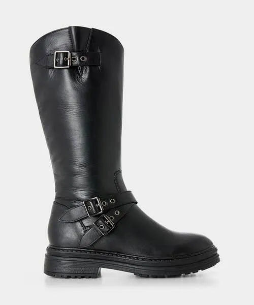 Harper Tall Black Leather Biker Boots Black Shoes Sandals and Boots Joebrowns Apparel