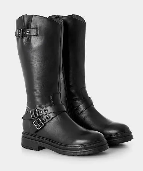 Harper Tall Black Leather Biker Boots Black Shoes Sandals and Boots Joebrowns Apparel