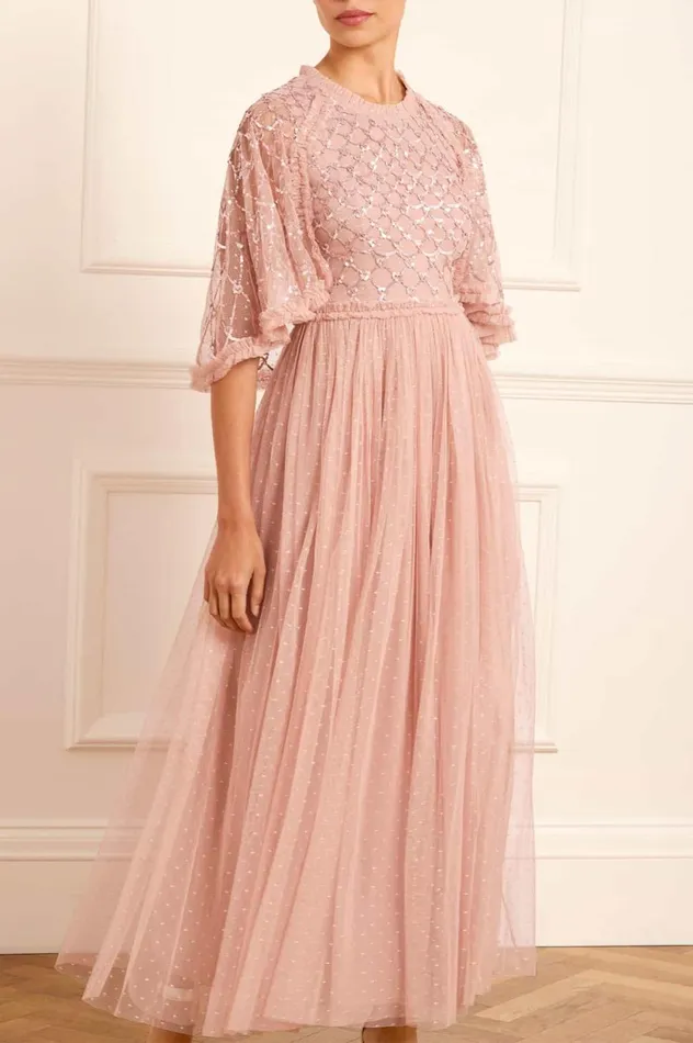 Heart Lattice Bodice Cape Ankle Gown Pink Women Needle and Thread Dresses