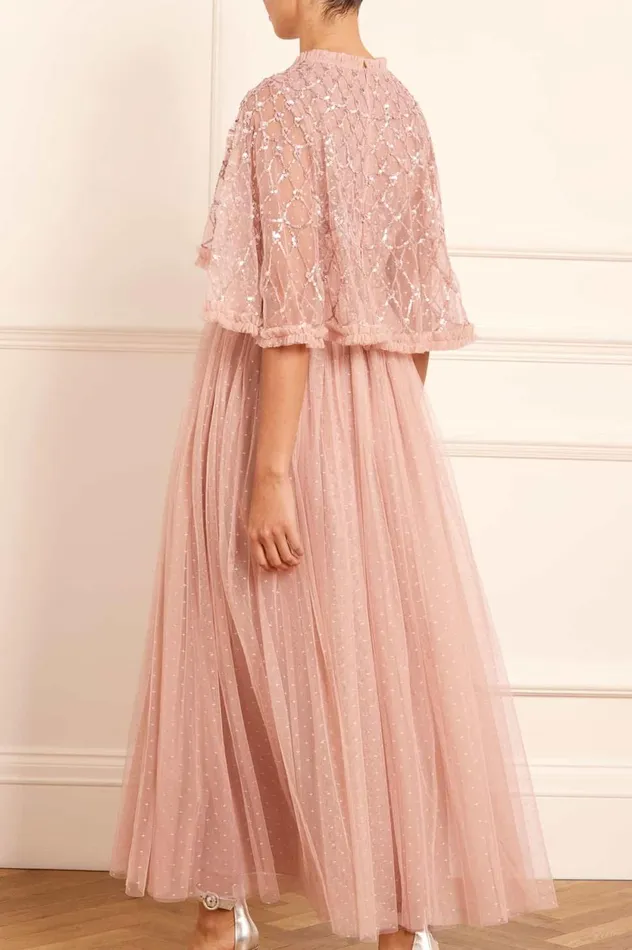 Heart Lattice Bodice Cape Ankle Gown Pink Women Needle and Thread Dresses