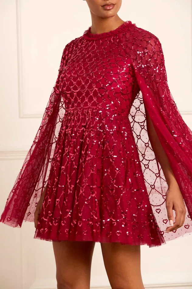 Heart Lattice Micro Mini Dress Red Women Needle and Thread Dresses