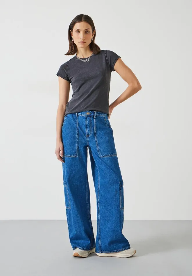 Hush Jeans Women Charli Cotton Relaxed Cargo Jeans Mid Authentic Blue