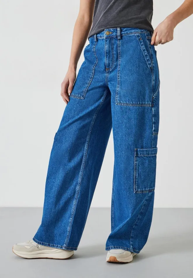Hush Jeans Women Charli Cotton Relaxed Cargo Jeans Mid Authentic Blue