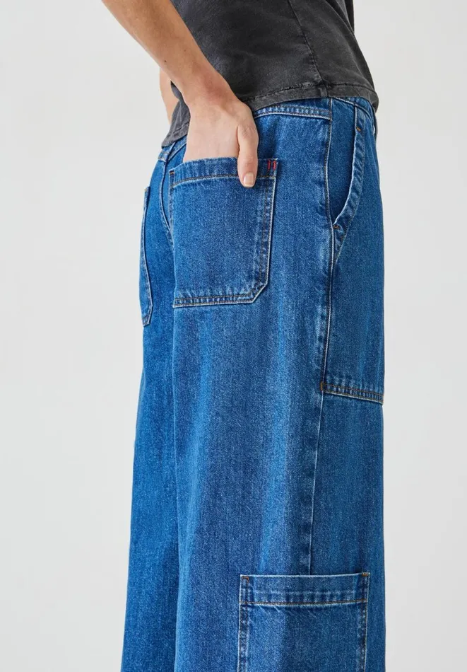 Hush Jeans Women Charli Cotton Relaxed Cargo Jeans Mid Authentic Blue