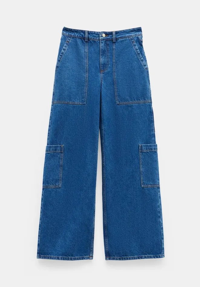 Hush Jeans Women Charli Cotton Relaxed Cargo Jeans Mid Authentic Blue
