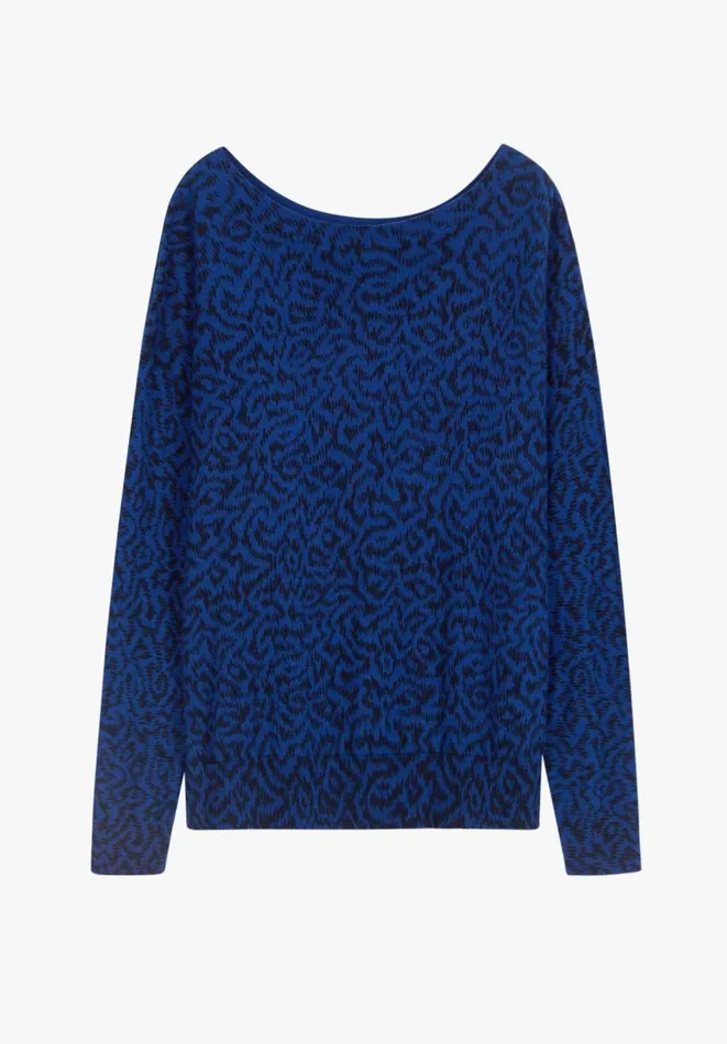 Hush Jumpers and Cardigans Women Emile Open Neck Printed Jumper Abstract Ikat Blue Black Hush Jumpers and Cardigans Women Emile Open Neck Printed Jumper Abstract Ikat Blue Black