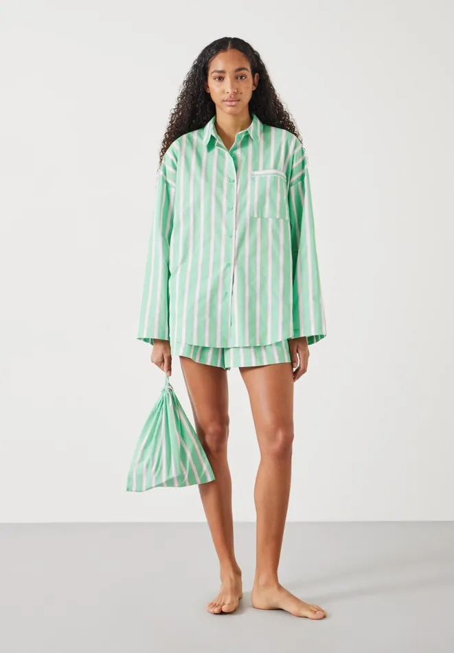 Hush Pyjamas and Nightwear Women Adair Oversized Shirt Pyjama Set Green And Pink Vertical Stripe