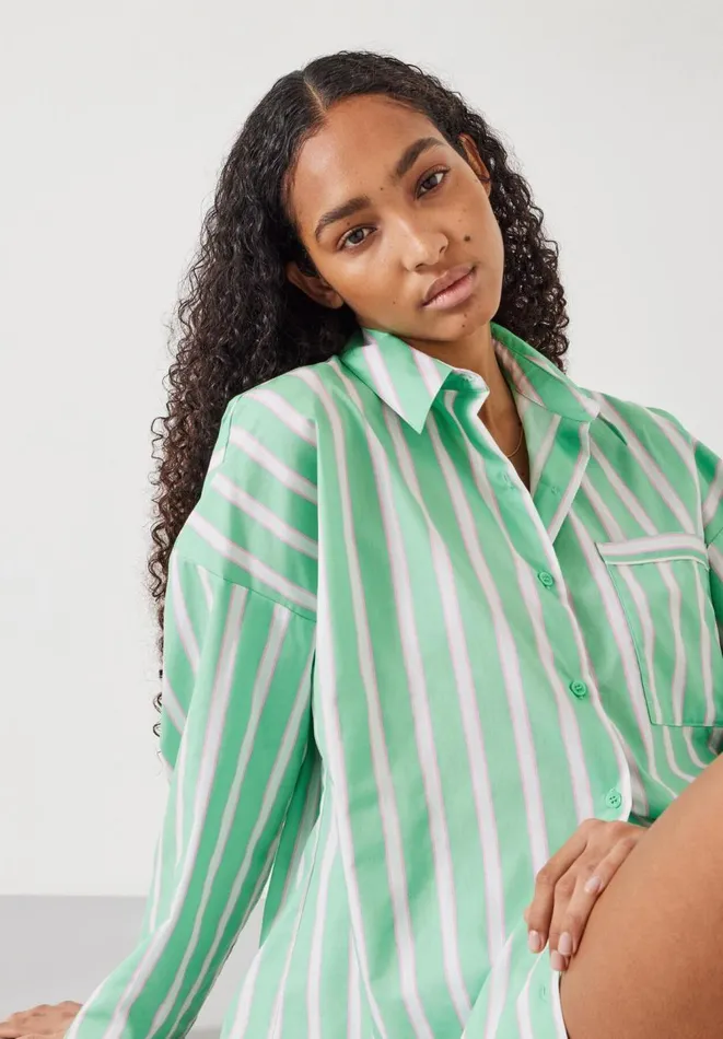 Hush Pyjamas and Nightwear Women Adair Oversized Shirt Pyjama Set Green And Pink Vertical Stripe