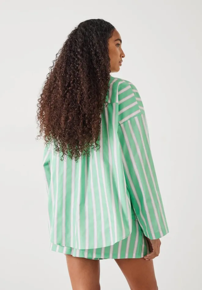 Hush Pyjamas and Nightwear Women Adair Oversized Shirt Pyjama Set Green And Pink Vertical Stripe