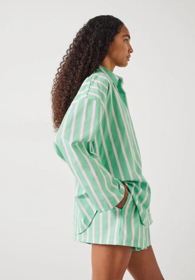 Hush Pyjamas and Nightwear Women Adair Oversized Shirt Pyjama Set Green And Pink Vertical Stripe