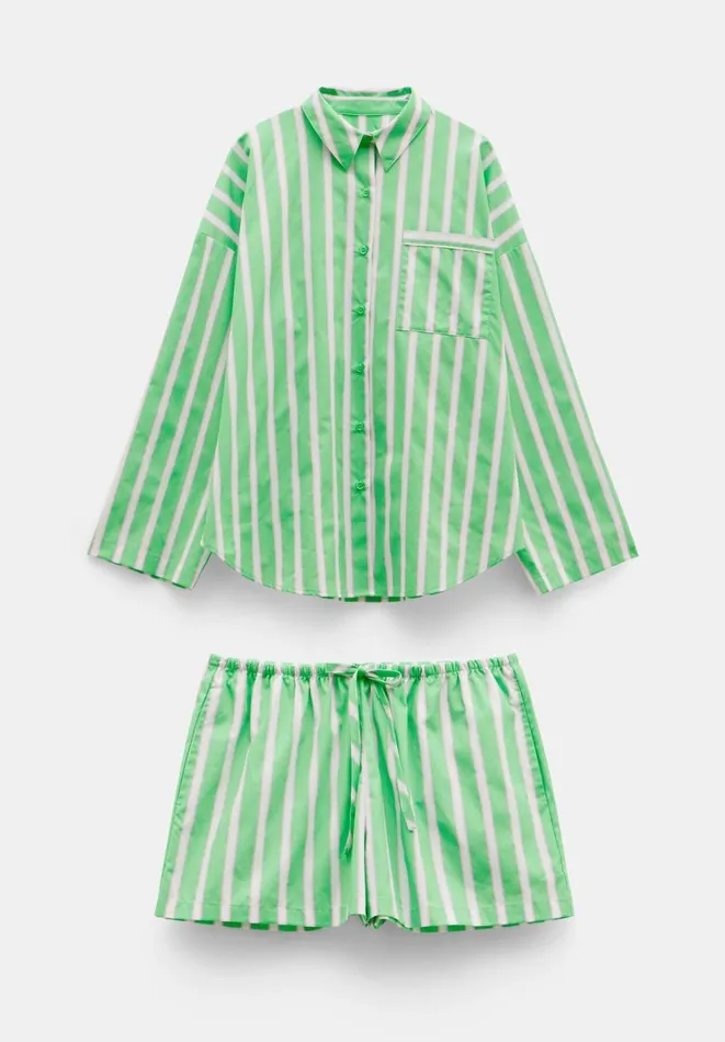 Hush Pyjamas and Nightwear Women Adair Oversized Shirt Pyjama Set Green And Pink Vertical Stripe