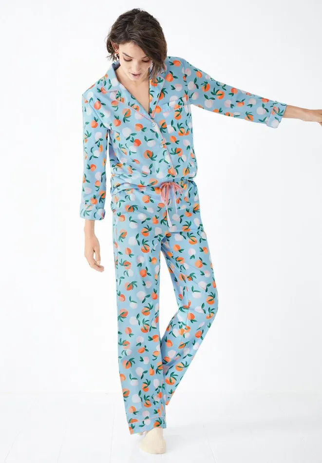 Hush Pyjamas and Nightwear Women Isla Printed Cotton Pyjama Set Apricots Blueorange