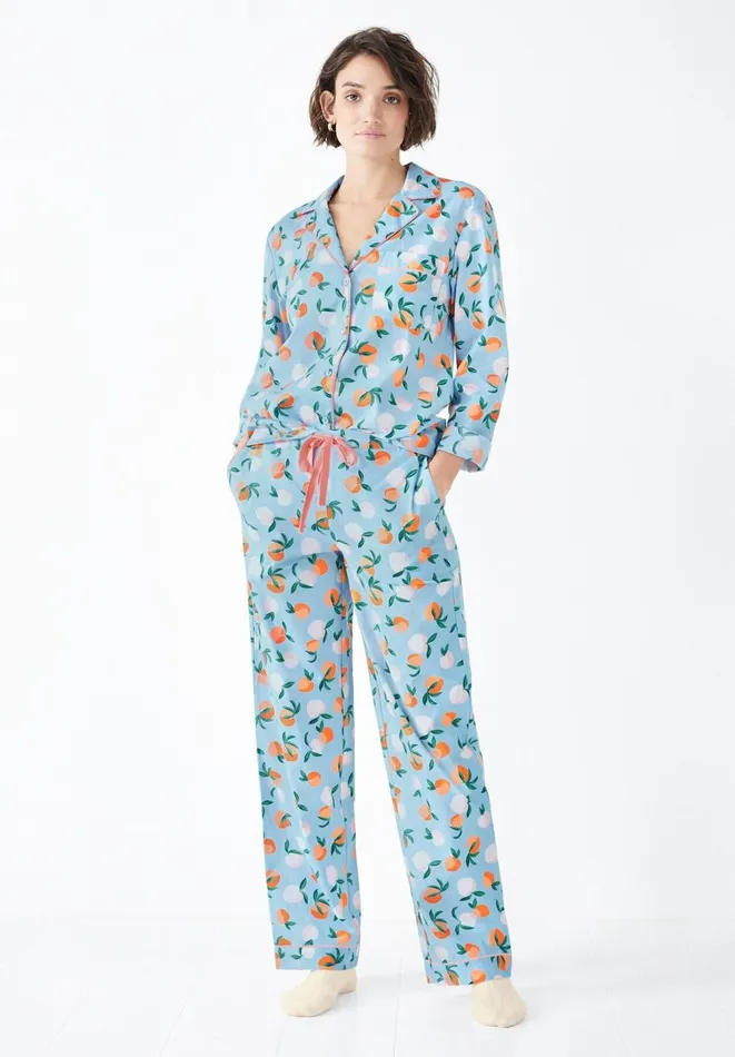 Hush Pyjamas and Nightwear Women Isla Printed Cotton Pyjama Set Apricots Blueorange Hush Pyjamas and Nightwear Women Isla Printed Cotton Pyjama Set Apricots Blueorange