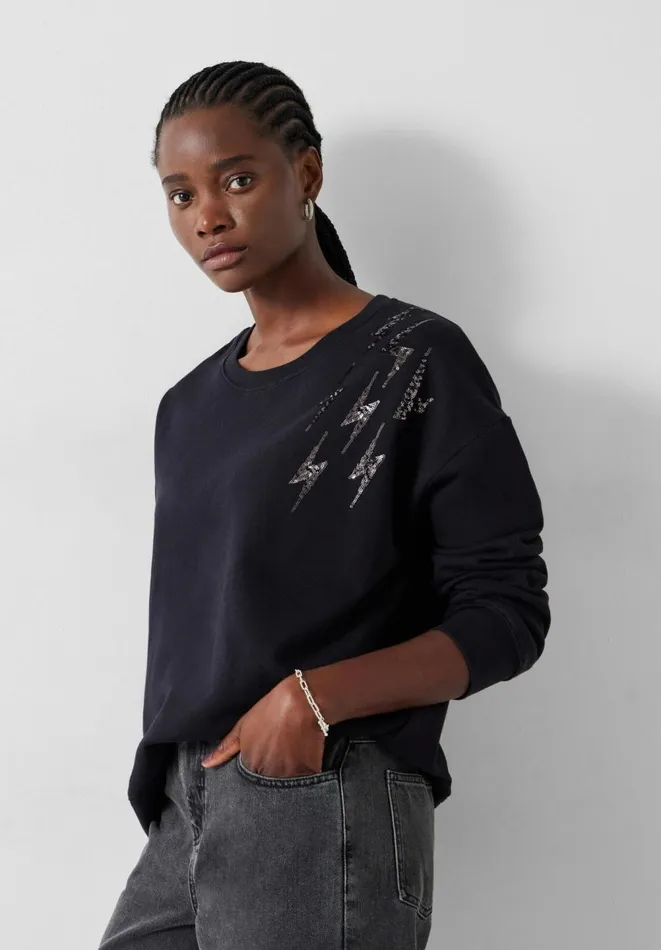 Hush Sweatshirts and Hoodies Women Sequin Thunderbolt Relaxed Sweatshirt Black