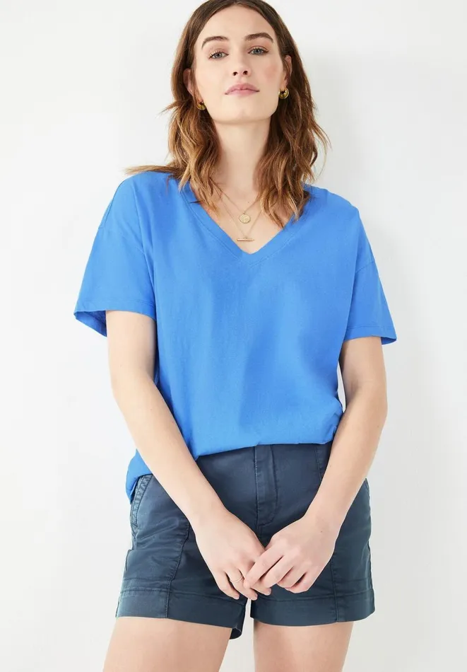 Hush Tops and Tshirts Women Deep V Linen Blend Tee Blue