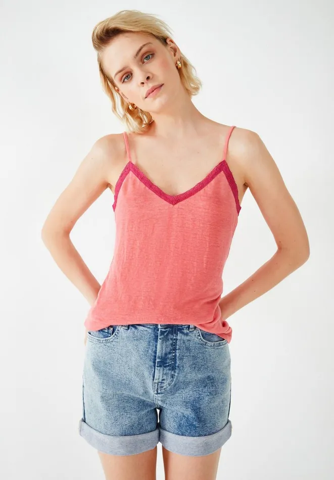 Hush Tops and Tshirts Women Lace Trim Jersey Linen Cami Coral Pink Hush Tops and Tshirts Women Lace Trim Jersey Linen Cami Coral Pink