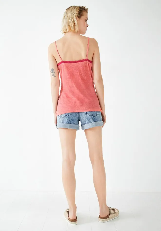 Hush Tops and Tshirts Women Lace Trim Jersey Linen Cami Coral Pink Hush Tops and Tshirts Women Lace Trim Jersey Linen Cami Coral Pink