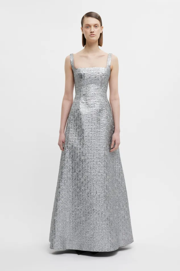Irena Dress In Silver Metallic Seersucker Gowns Emilia Wickstead Women