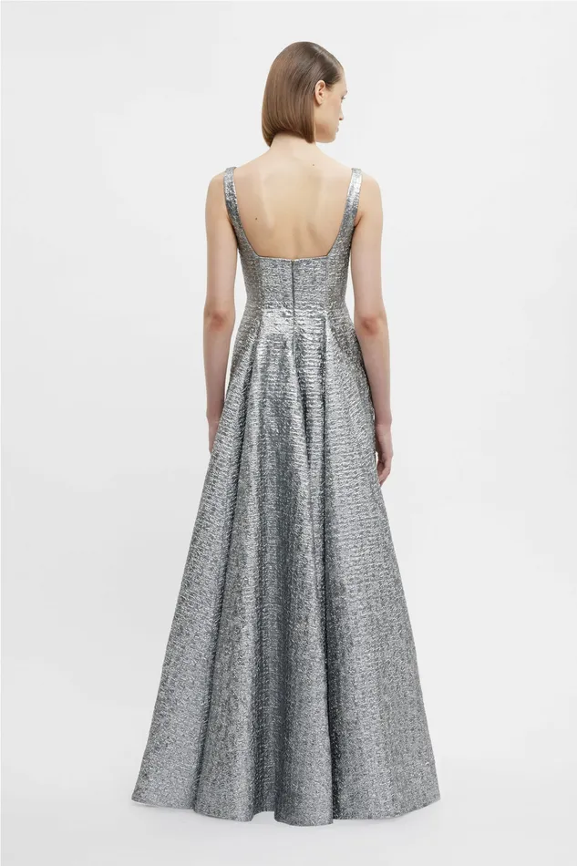 Irena Dress In Silver Metallic Seersucker Gowns Emilia Wickstead Women Irena Dress In Silver Metallic Seersucker Gowns Emilia Wickstead Women