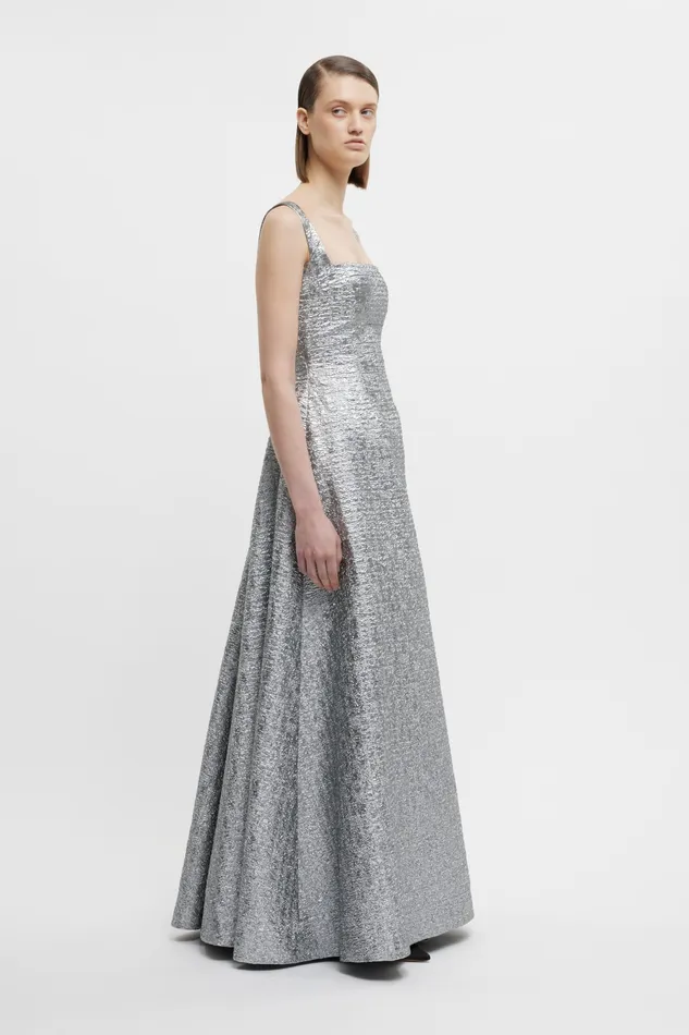 Irena Dress In Silver Metallic Seersucker Gowns Emilia Wickstead Women Irena Dress In Silver Metallic Seersucker Gowns Emilia Wickstead Women