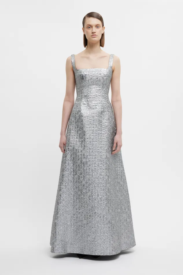 Irena Dress In Silver Metallic Seersucker Gowns Emilia Wickstead Women Irena Dress In Silver Metallic Seersucker Gowns Emilia Wickstead Women