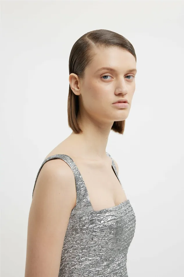 Irena Dress In Silver Metallic Seersucker Gowns Emilia Wickstead Women Irena Dress In Silver Metallic Seersucker Gowns Emilia Wickstead Women