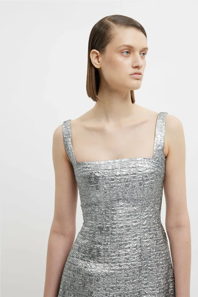 Irena Dress In Silver Metallic Seersucker Gowns Emilia Wickstead Women Irena Dress In Silver Metallic Seersucker Gowns Emilia Wickstead Women