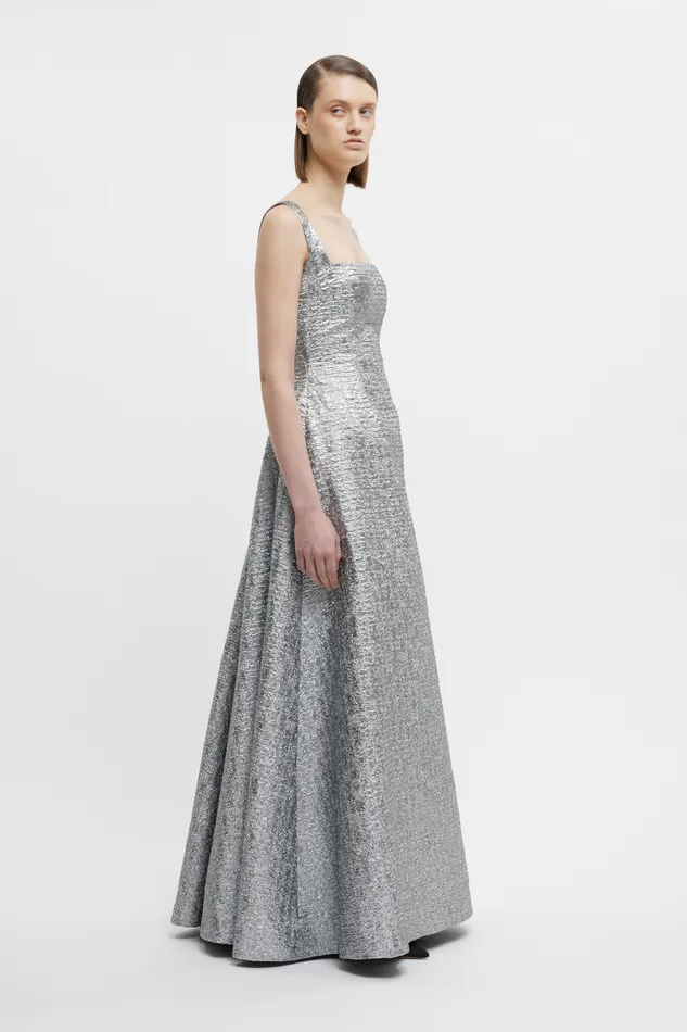 Irena Dress In Silver Metallic Seersucker Gowns Emilia Wickstead Women Irena Dress In Silver Metallic Seersucker Gowns Emilia Wickstead Women