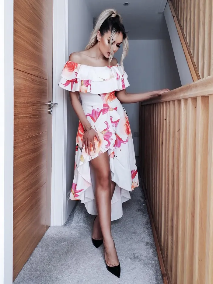 Ivory Celine Floral Off The Shoulder Frill Skater Dress Women Missfiga Maxi Dresses