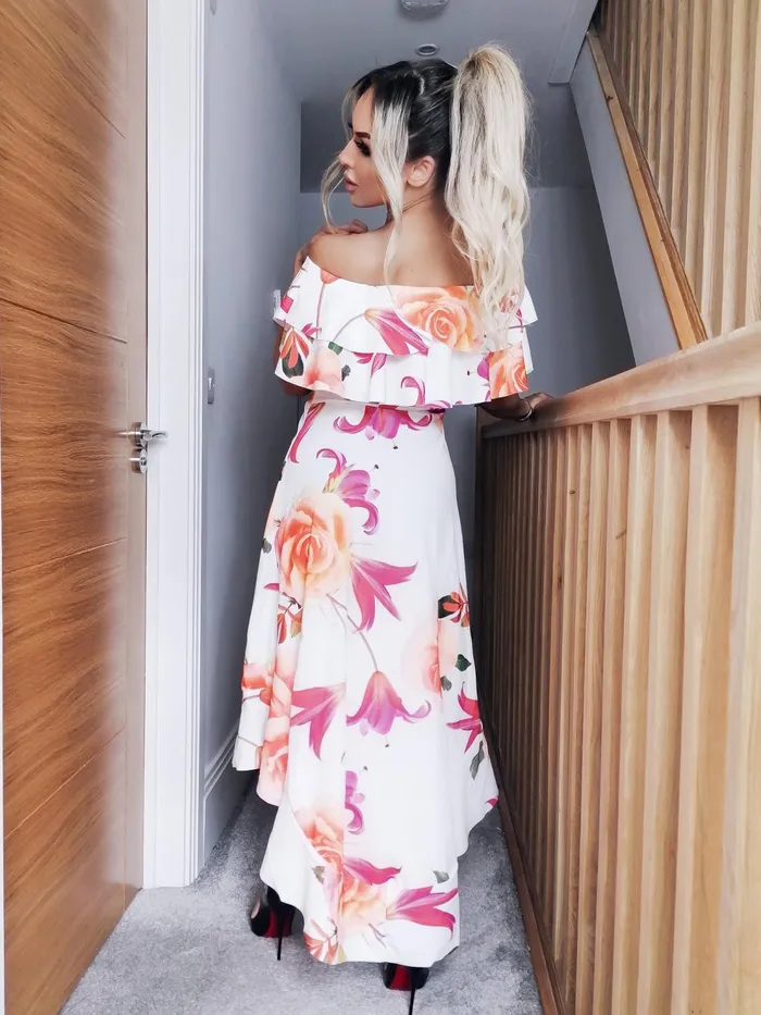 Ivory Celine Floral Off The Shoulder Frill Skater Dress Women Missfiga Maxi Dresses