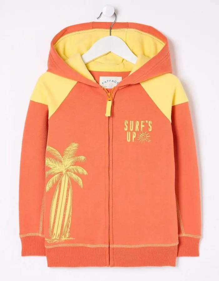 Kids FatFace Sweatshirts and Hoodies Palm Zip Through Hoodie Orange